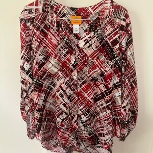 Ruby Rd Blouse Women’s Size 1X Red Black White Abstract Print Button Top